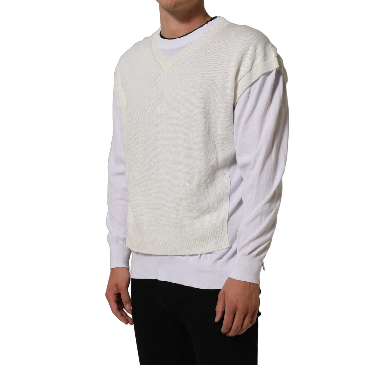 Dolce & Gabbana White Flax CrewNeck Layered Pullover Sweater Dolce & Gabbana