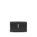 Saint Laurent black calf leather Bos Taurus wallet with embossed logo and multiple card slots, showing its sleek, minimalist design.