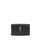 Saint Laurent black calf leather Bos Taurus wallet with embossed logo and multiple card slots, showing its sleek, minimalist design.
