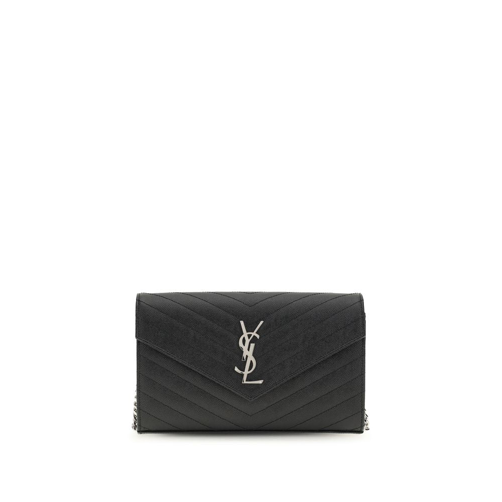 Saint Laurent black calf leather Bos Taurus wallet with embossed logo and multiple card slots, showing its sleek, minimalist design.