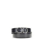 Ferragamo blue calf leather Bos Taurus regular belt with gold buckle, stylish men's accessory for formal or casual wear.