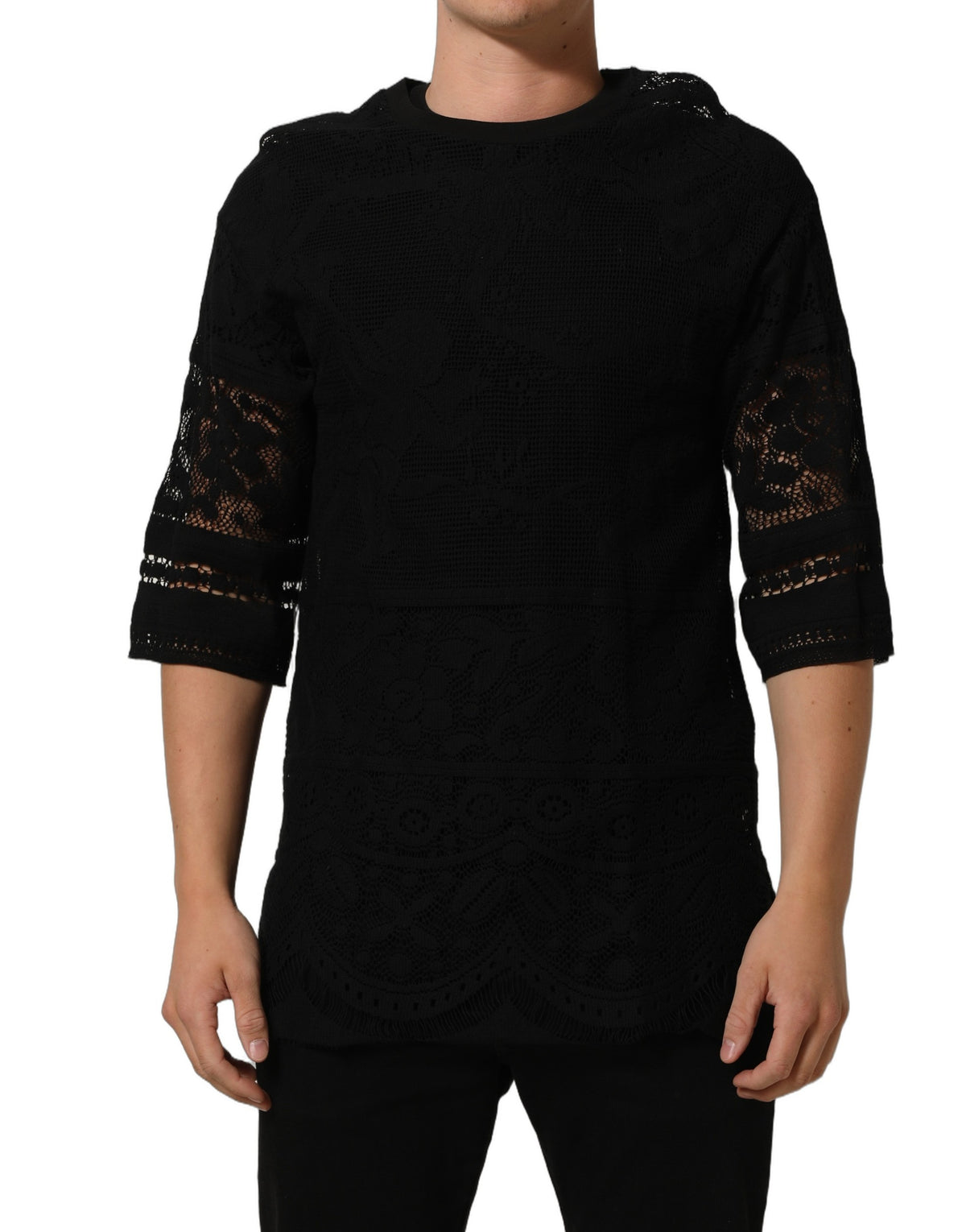 Dolce & Gabbana Black Cotton Floral Lace Crew Neck T-shirt Dolce & Gabbana