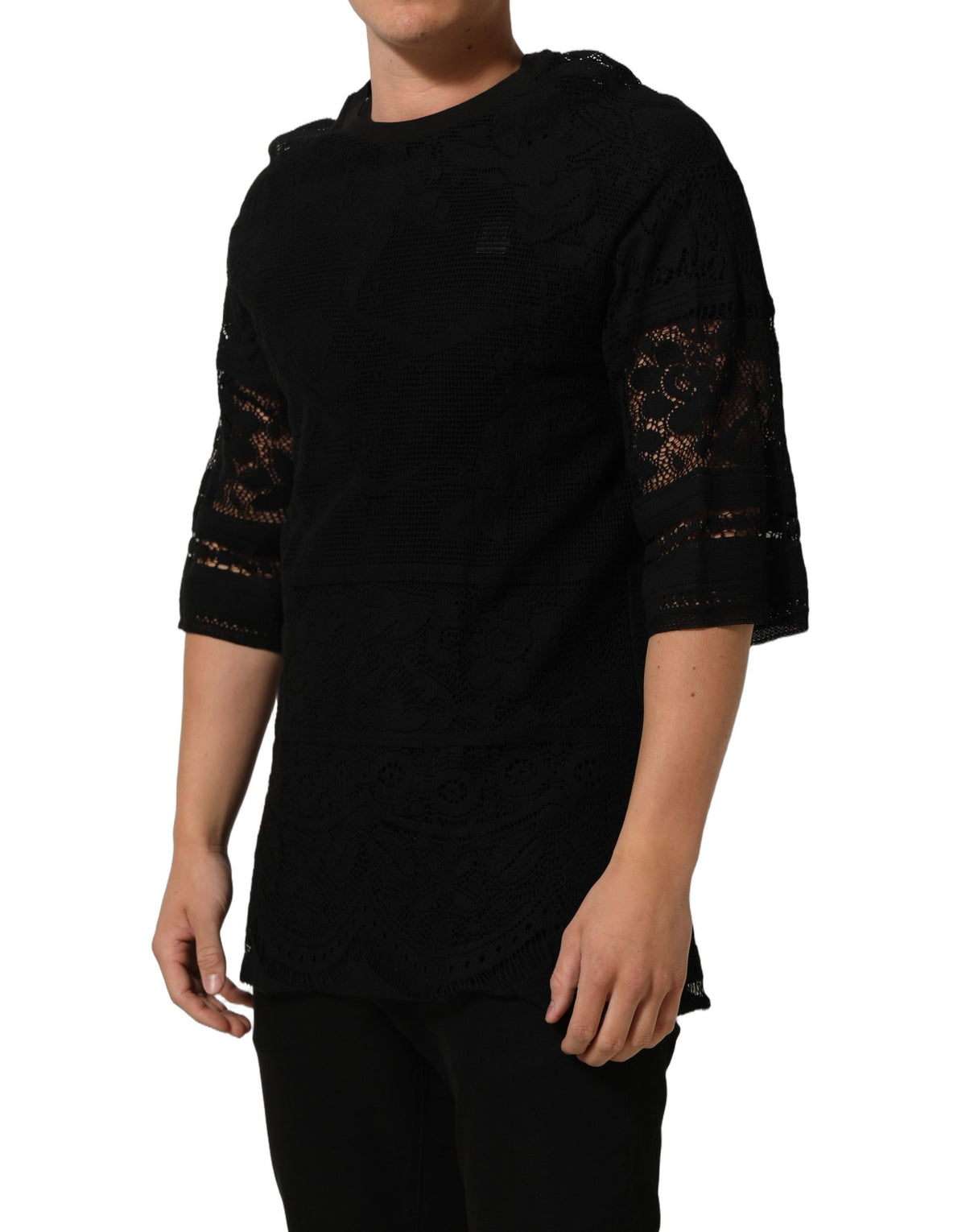 Dolce & Gabbana Black Cotton Floral Lace Crew Neck T-shirt Dolce & Gabbana