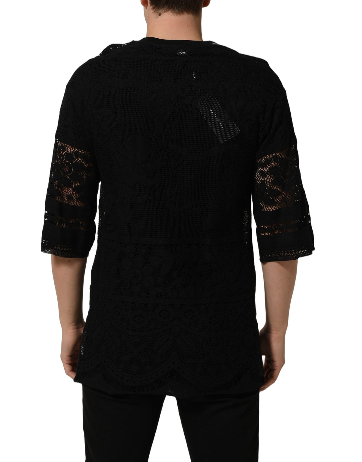 Dolce & Gabbana Black Cotton Floral Lace Crew Neck T-shirt Dolce & Gabbana