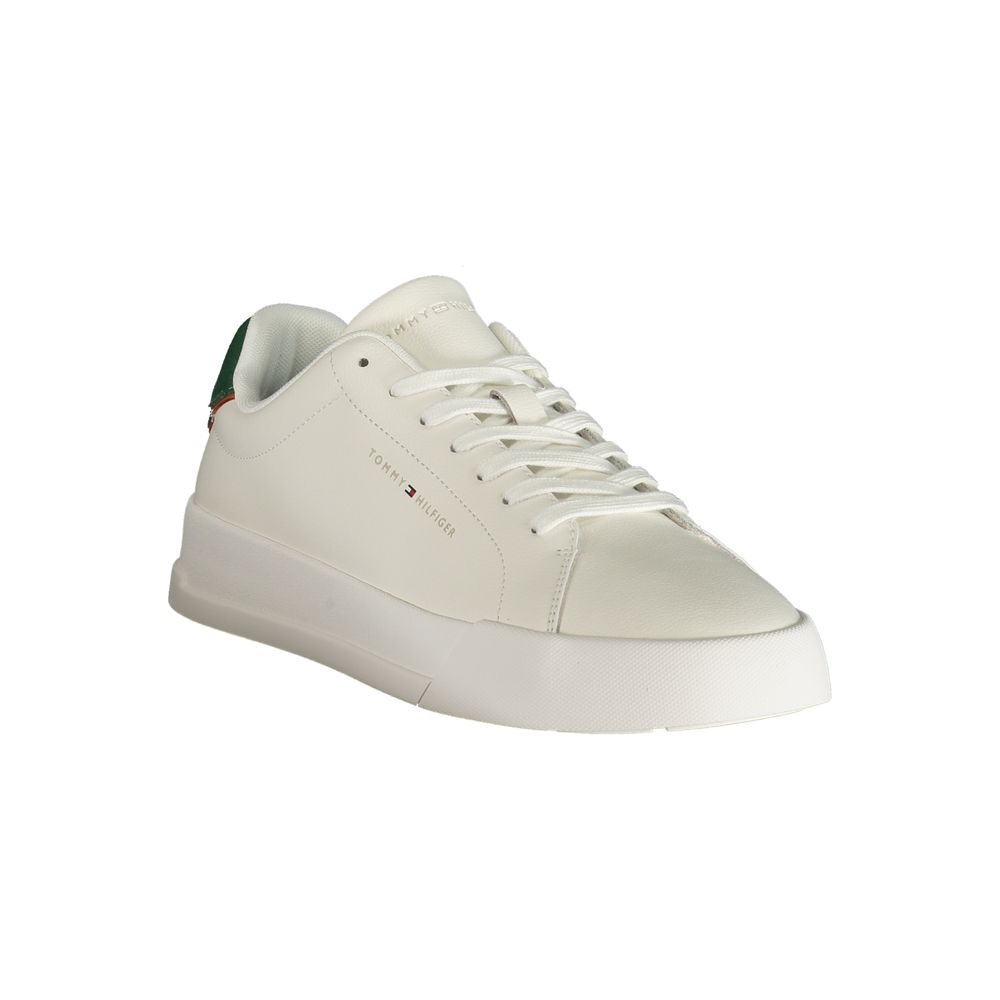 Tommy Hilfiger white polyurethane men's sneaker with white laces and rubber sole, casual footwear for everyday wear.
