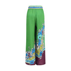 Alemais multicolor silk casual pants featuring vibrant patterns and a relaxed fit, ideal for stylish, comfortable everyday wear.