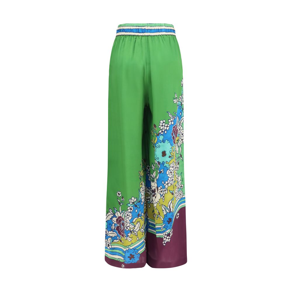 Alemais multicolor silk casual pants featuring vibrant patterns and a relaxed fit, ideal for stylish, comfortable everyday wear.