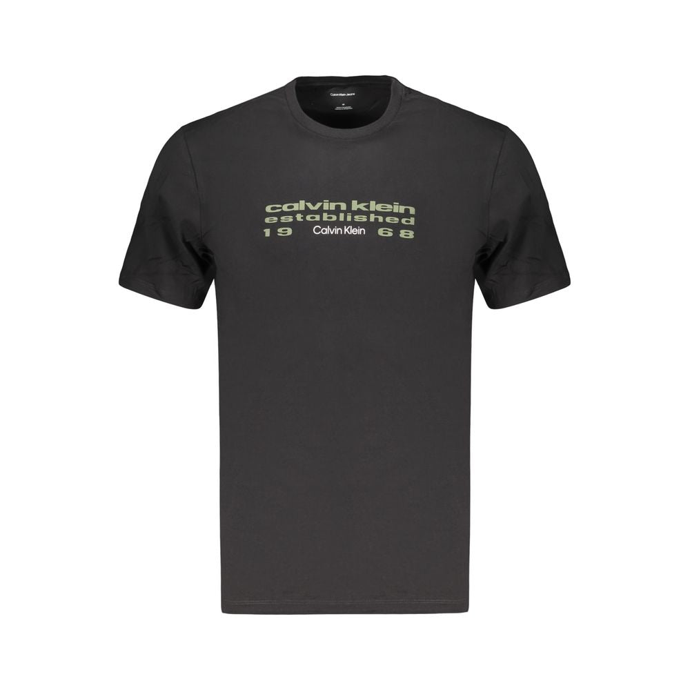 Black Calvin Klein men's cotton T-shirt displayed flat, showing the classic crew neck and simple design.