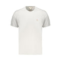 Calvin Klein gray cotton men's T-shirt displayed on a hanger, showcasing its simple crew neck design and soft fabric texture.