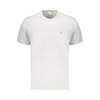 Calvin Klein gray cotton men's T-shirt displayed on a hanger, showcasing its simple crew neck design and soft fabric texture.
