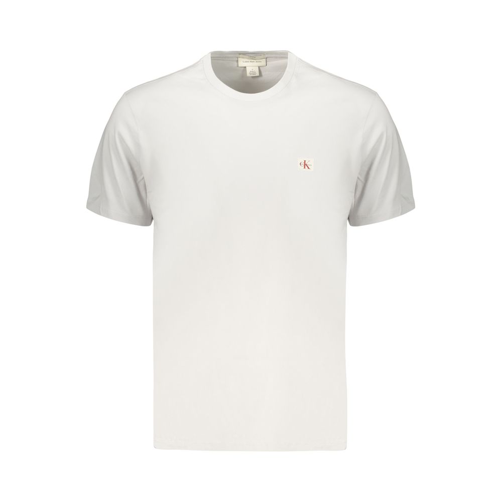 Calvin Klein gray cotton men's T-shirt displayed on a hanger, showcasing its simple crew neck design and soft fabric texture.