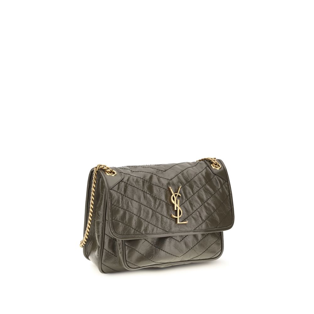 Saint Laurent Bicolor Calf Leather Bos Taurus Shoulder Bag with sleek design and contrasting color panels.