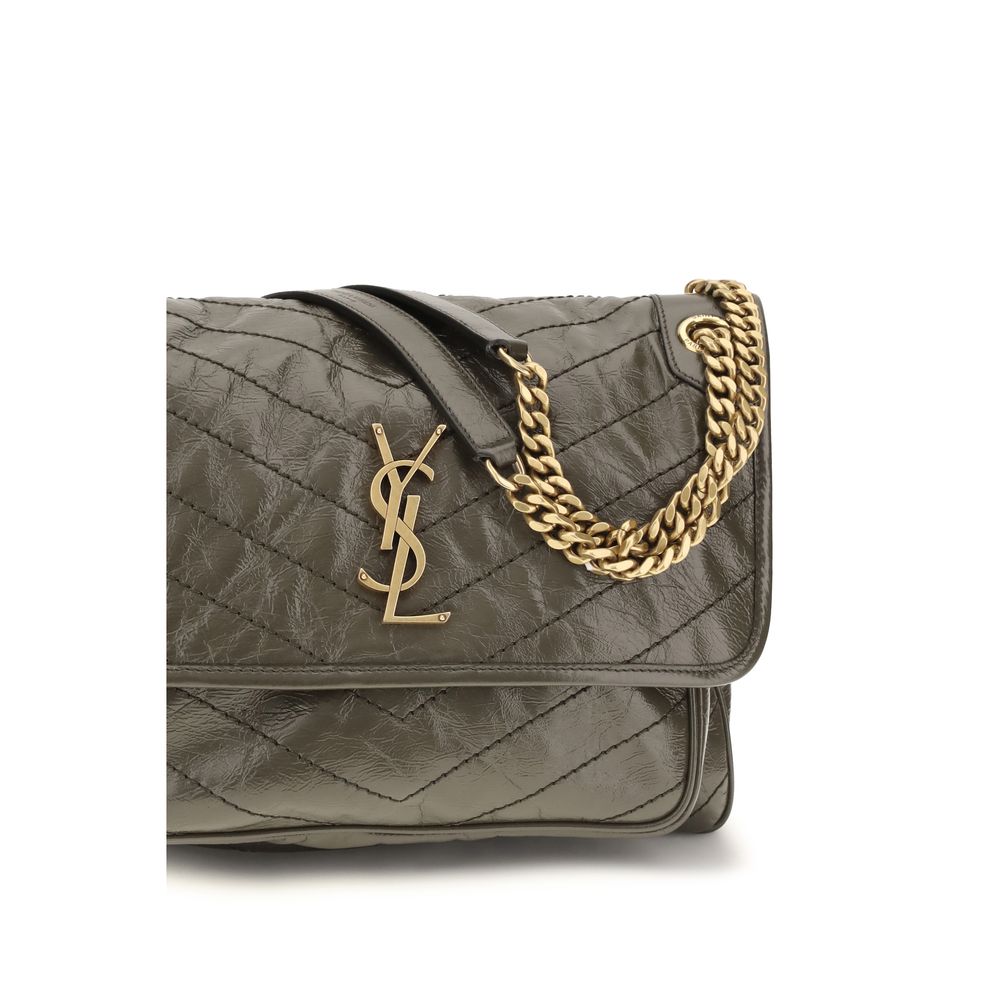 Saint Laurent Bicolor Calf Leather Bos Taurus Shoulder Bag with silver hardware and adjustable strap, stylish and compact.