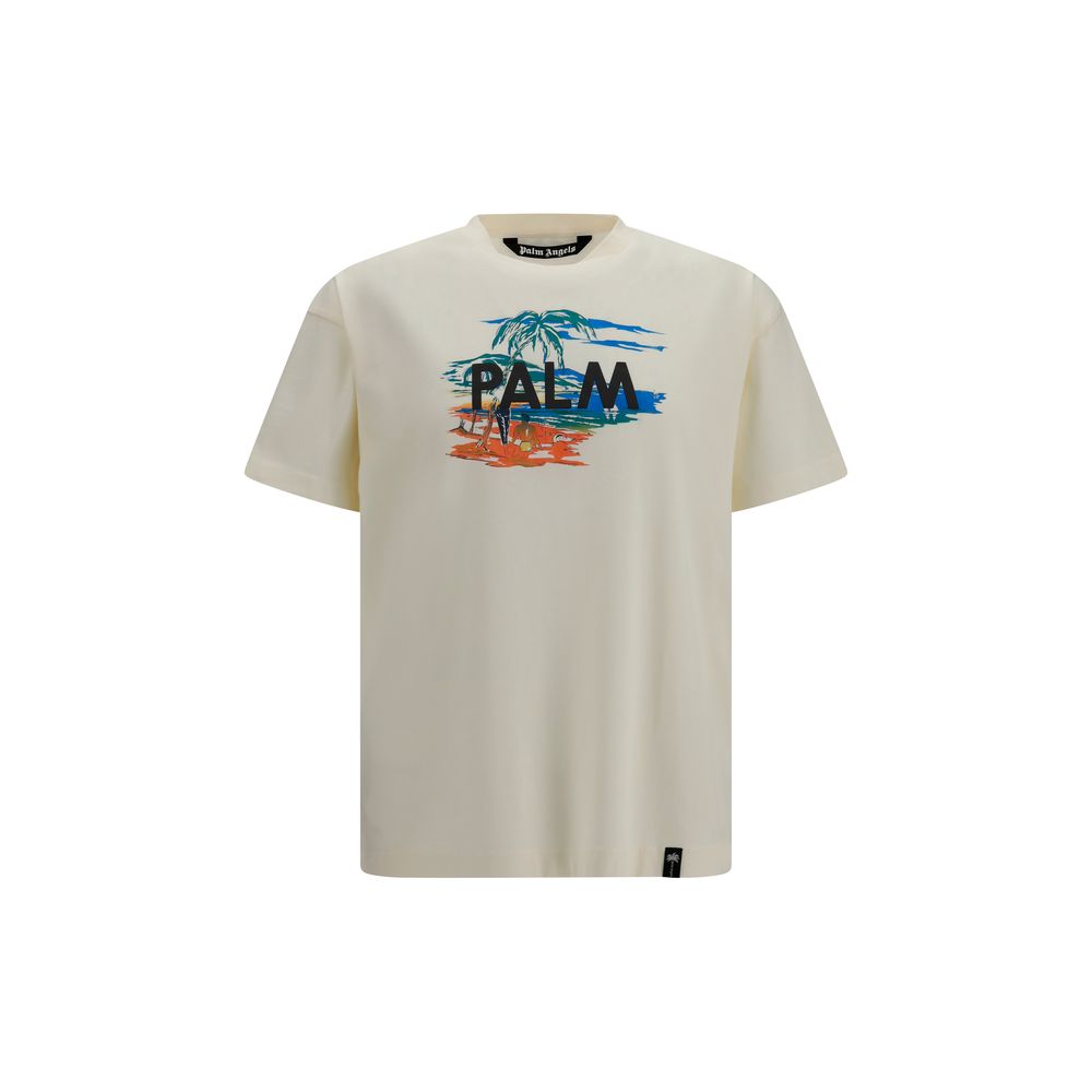 Palm Angels beige cotton T-shirt laid flat, showcasing soft fabric and minimalist design for casual streetwear style.