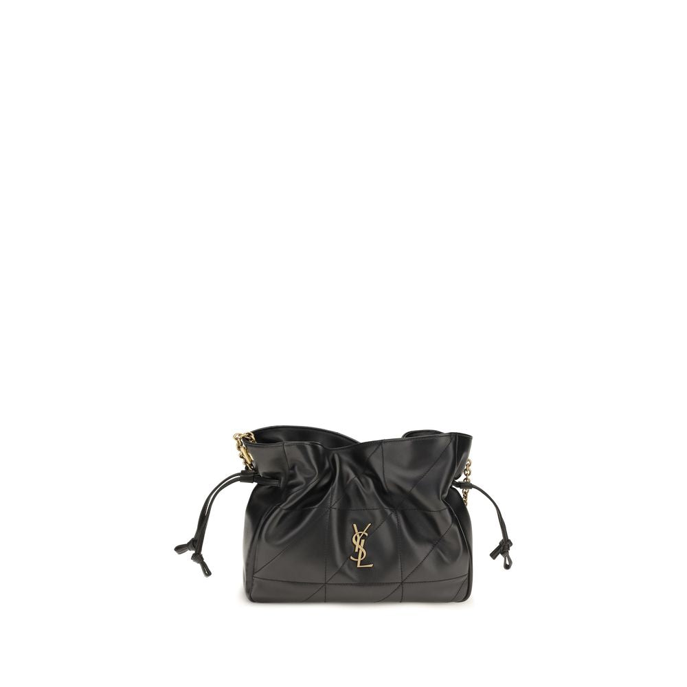 Saint Laurent Black Lamb Ovis Aries clutch bag with sleek design and textured leather, held in hand against a neutral background.