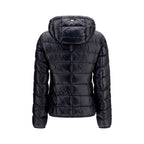 Herno black polyamide full-length jacket shown on a hanger, featuring a sleek design and smooth fabric for a stylish winter look.