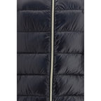 Herno black polyamide full-length jacket displayed on a hanger, showcasing sleek design and smooth fabric.