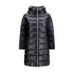 Herno black polyester coat displayed on a hanger, featuring sleek design and smooth fabric for a stylish winter outerwear look.