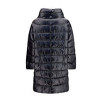 Herno black polyester coat displayed hanging, showcasing its sleek design and smooth fabric for a stylish winter outerwear look.