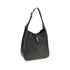 Saint Laurent Bos Taurus shoulder bag made of black calf leather with silver-tone hardware and adjustable strap.