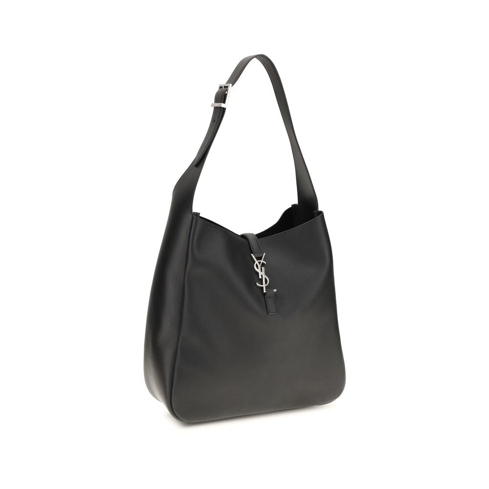 Saint Laurent Bos Taurus shoulder bag made of black calf leather with silver-tone hardware and adjustable strap.