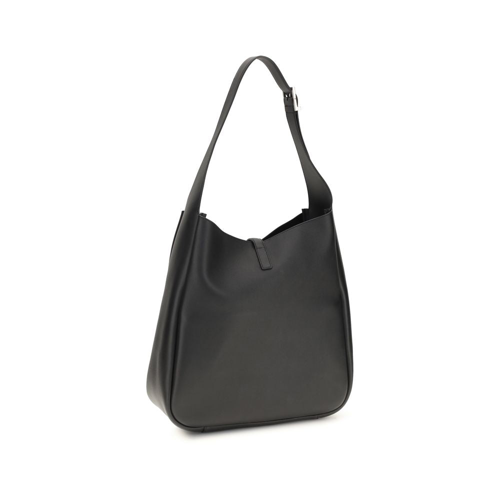 Saint Laurent Bos Taurus shoulder bag made of black calf leather with silver hardware, featuring a sleek, structured design.