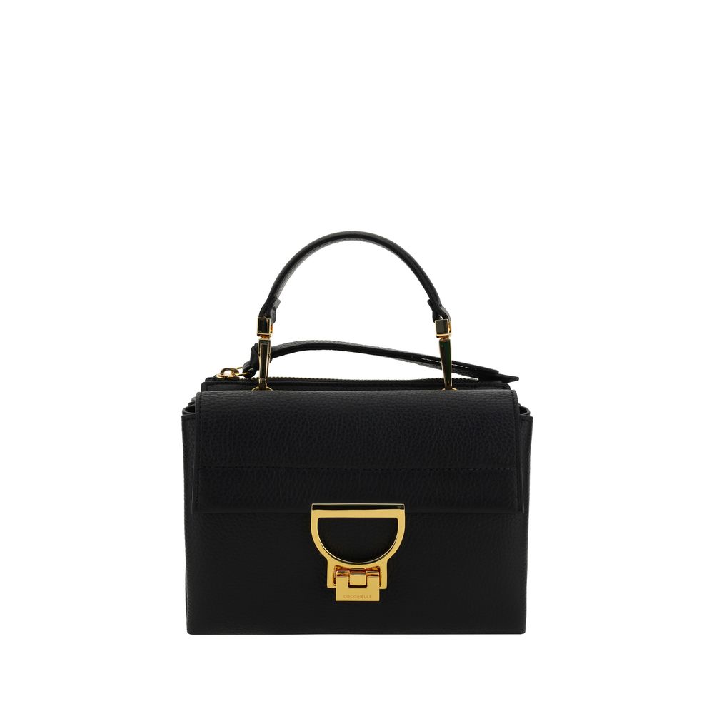 Black calf leather Coccinelle Bos Taurus shoulder bag with sleek design and silver hardware, featuring a spacious interior.