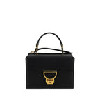 Black calf leather Coccinelle Bos Taurus shoulder bag with sleek design and silver hardware, featuring a spacious interior.