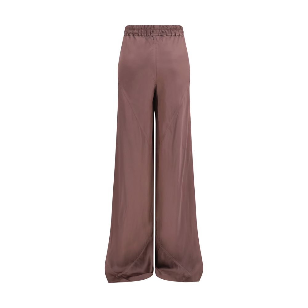 Rick Owens brown silk casual pants laid flat, showcasing their relaxed fit and smooth fabric texture.