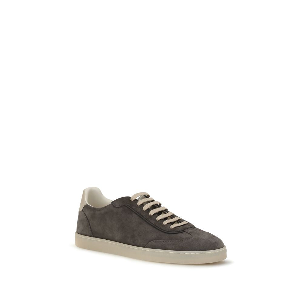 Brunello Cucinelli gray calf leather Bos Taurus low top sneakers with white soles and minimal branding.