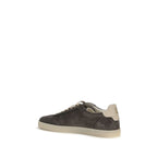 Gray calf leather Brunello Cucinelli Bos Taurus low top sneakers with white soles, stylish casual footwear.