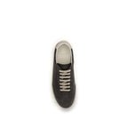 Brunello Cucinelli gray calf leather Bos Taurus low top sneakers with white rubber soles and minimalist design.