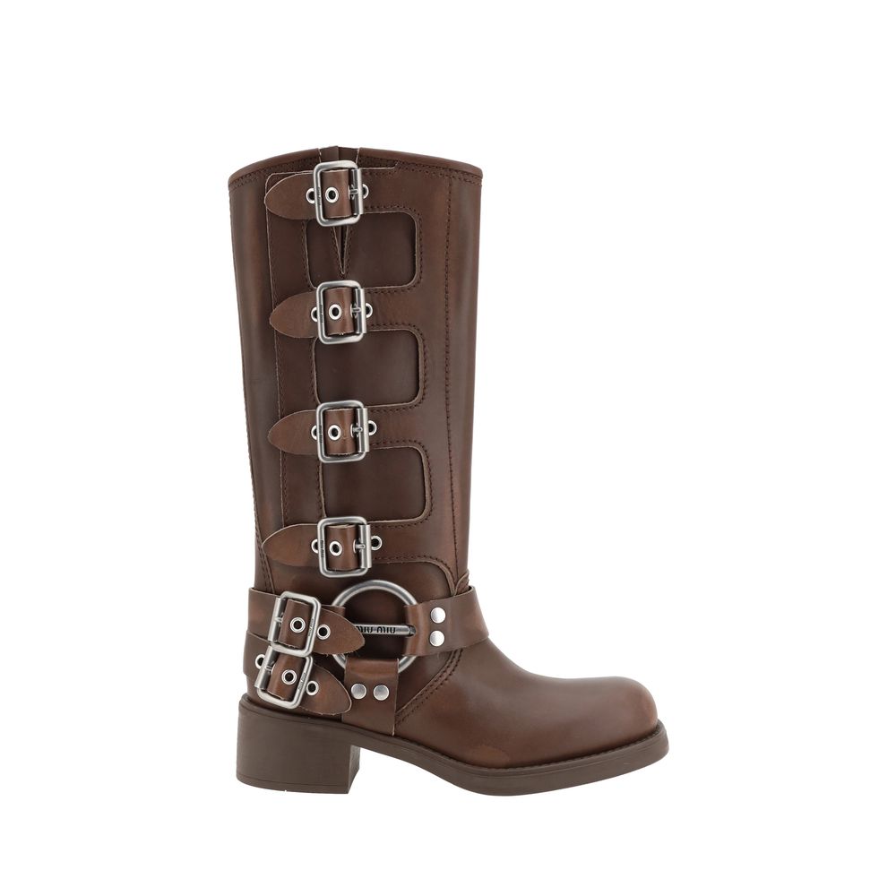Miu Miu Brown Calf Leather Bos Taurus Lace-Up Boots Miu Miu