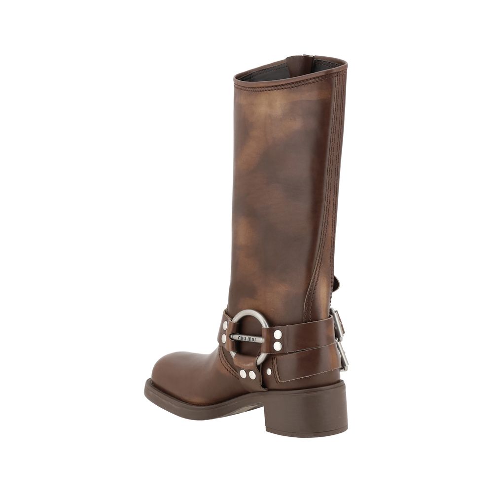Miu Miu Brown Calf Leather Bos Taurus Lace-Up Boots Miu Miu