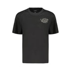 Black cotton women's T-shirt by Calvin Klein displayed flat, showcasing its simple, classic design and soft fabric texture.