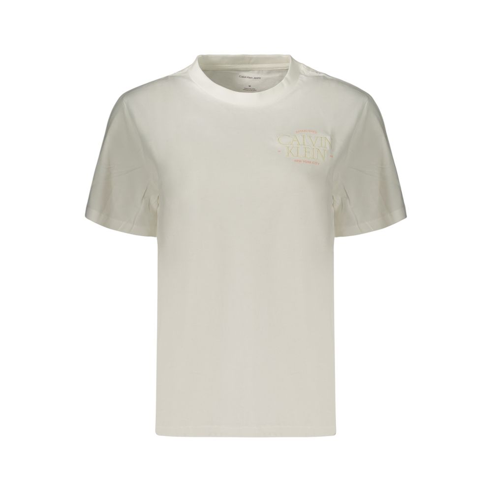 White Calvin Klein women's cotton T-shirt with a classic fit and short sleeves, shown on a hanger.