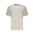 White Calvin Klein women's cotton T-shirt with a classic fit and short sleeves, shown on a hanger.