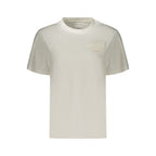 White Calvin Klein women's cotton T-shirt with a classic fit and short sleeves, shown on a hanger.