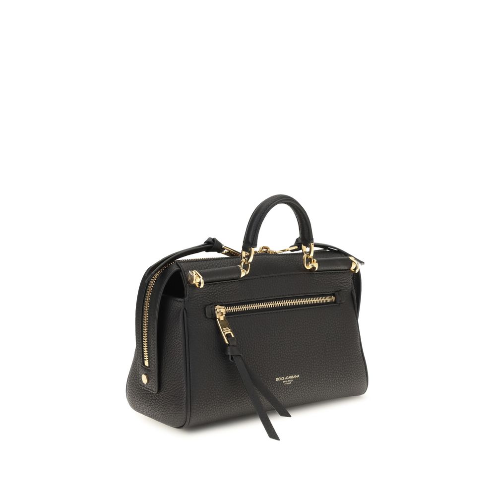 Dolce & Gabbana black calf leather Bos Taurus handbag with structured design and gold-tone hardware.