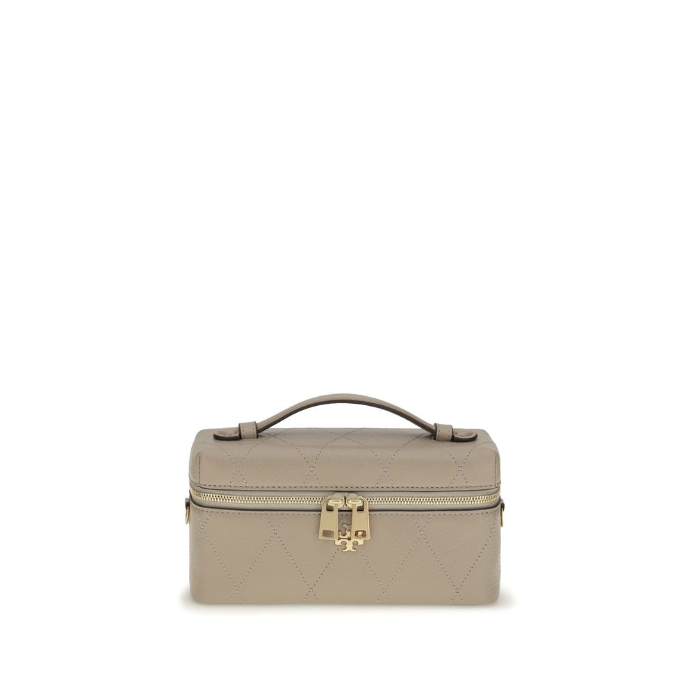 Gray Tory Burch Calf Leather Bos Taurus Wallet with multiple card slots and sleek design, showcasing fine craftsmanship.