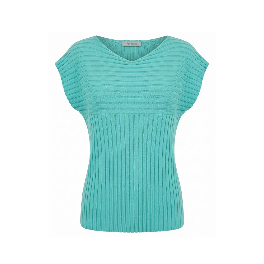 Light blue Malo cotton women's sweater displayed on a hanger, showcasing its soft fabric and classic style.