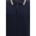 Ferragamo blue cotton polo shirt displayed on a hanger, featuring a classic collar and short sleeves.