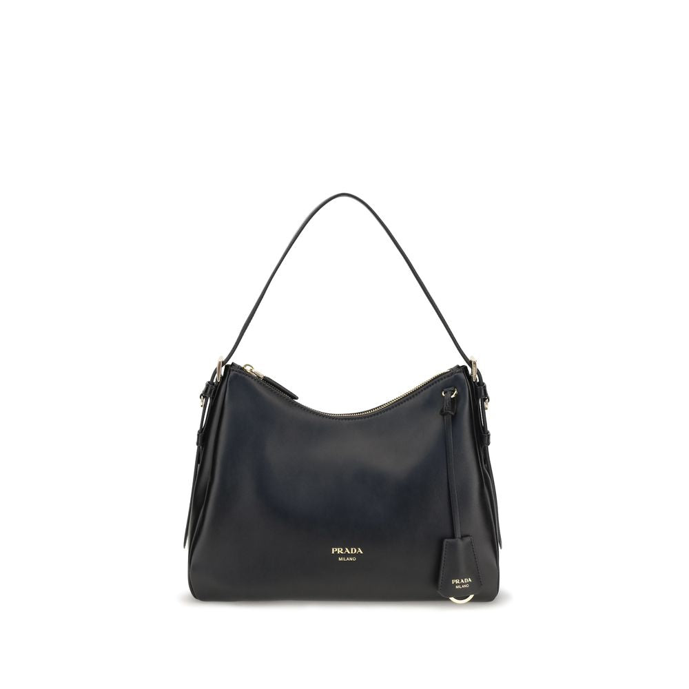Prada black calf leather Bos Taurus shoulder bag with sleek design and gold-tone hardware.