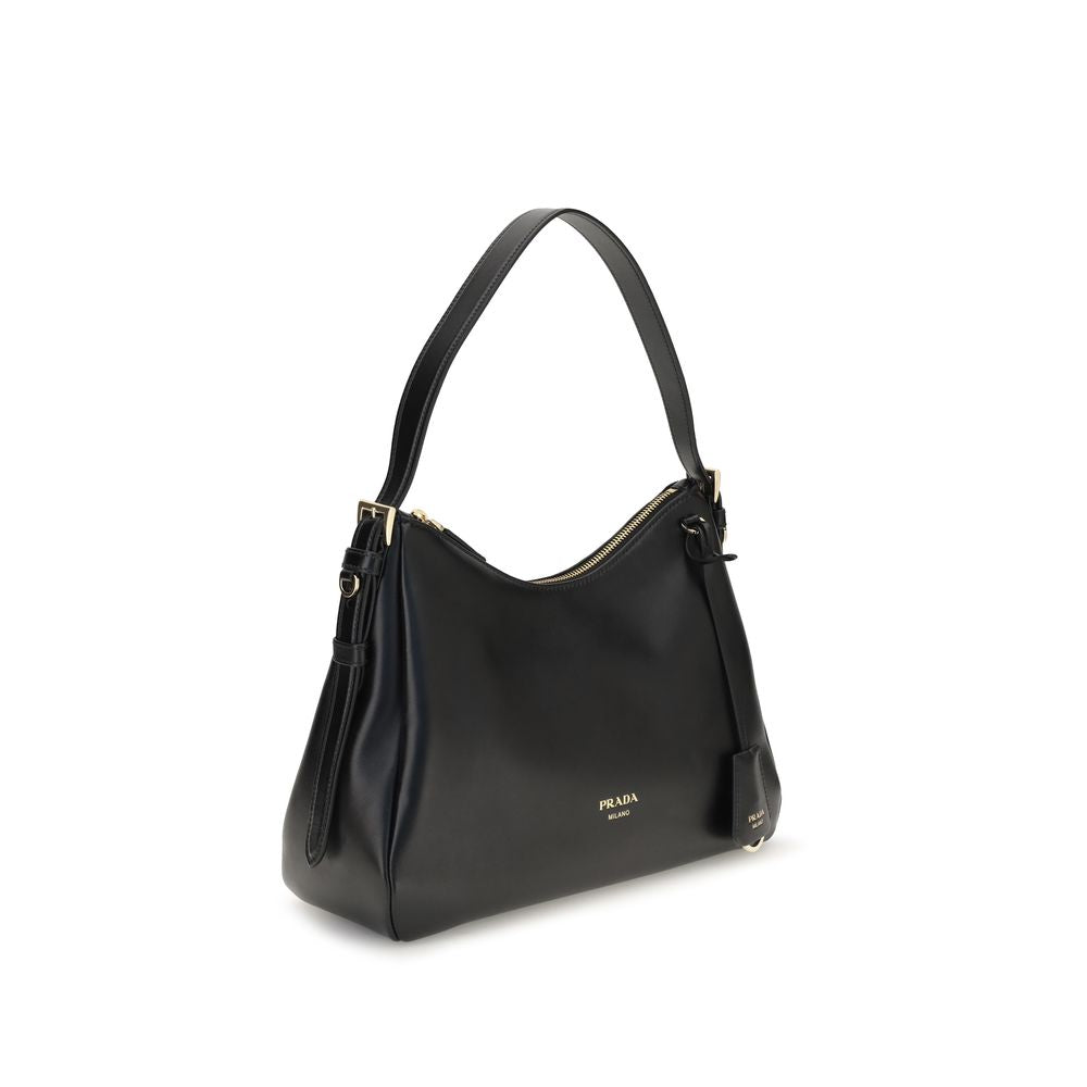Prada black calf leather Bos Taurus shoulder bag with sleek design and structured shape, featuring subtle hardware accents.