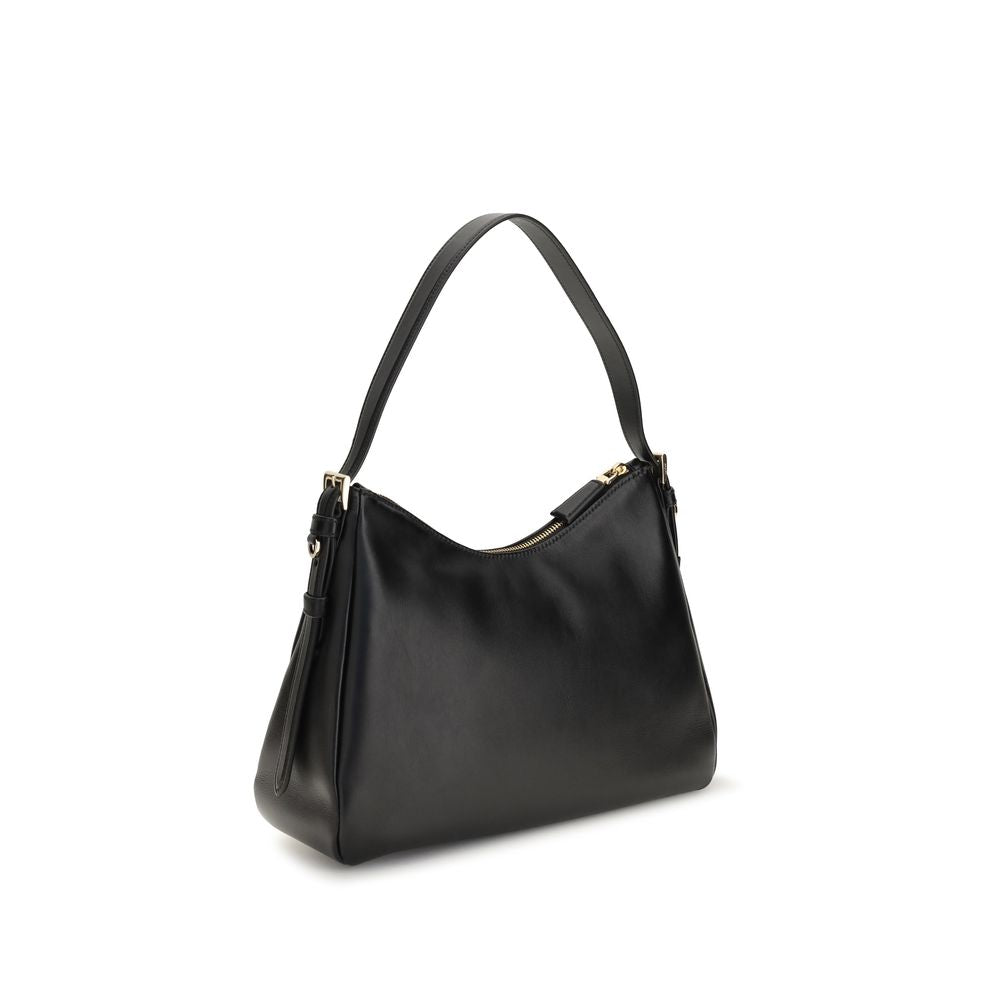 Prada black calf leather Bos Taurus shoulder bag with gold hardware and top handle, stylish and elegant for everyday use.