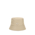 Prada beige polyamide bucket hat with wide brim and adjustable chin strap, stylish men's accessory.