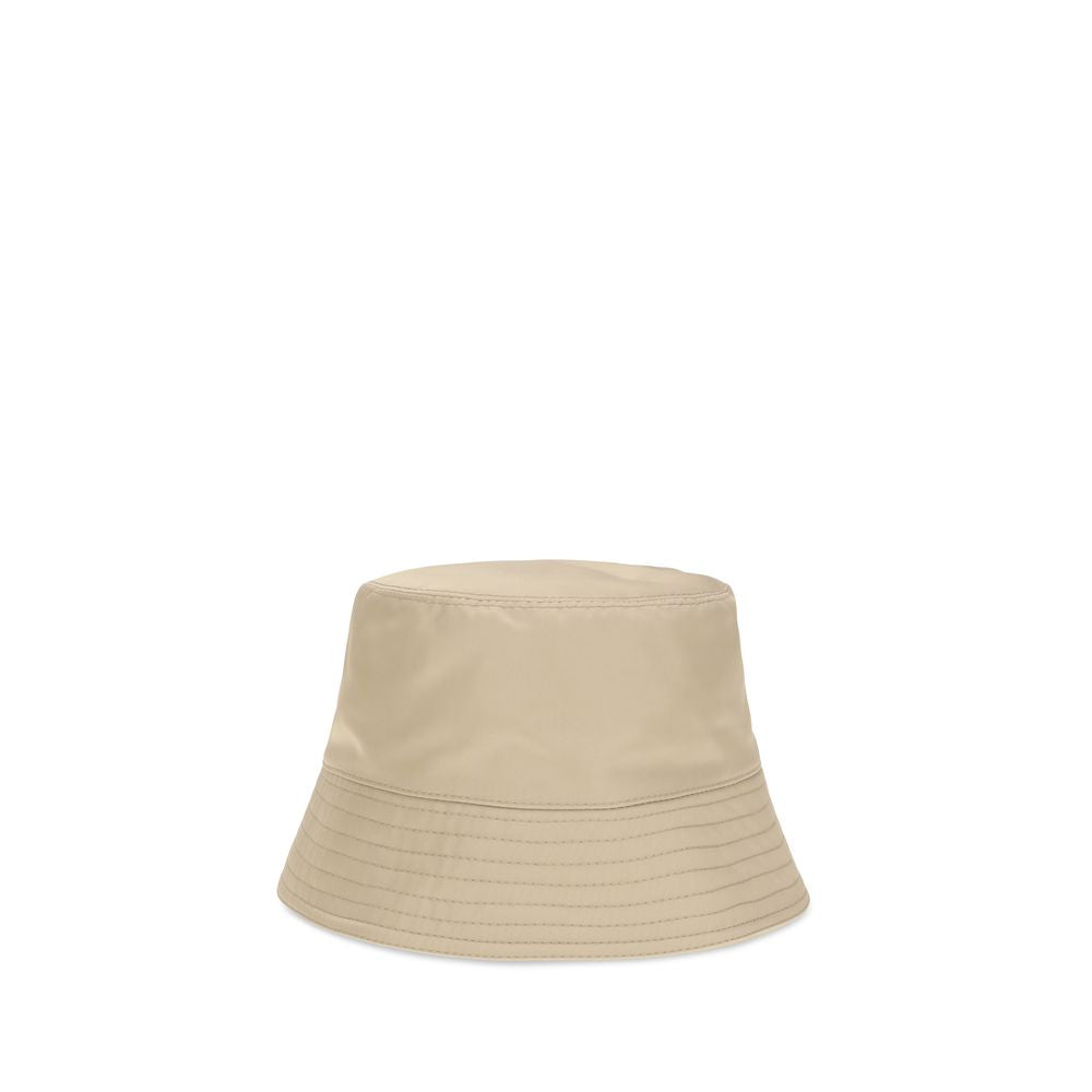 Prada beige polyamide bucket hat with wide brim and subtle logo detail, lightweight and stylish for casual wear.