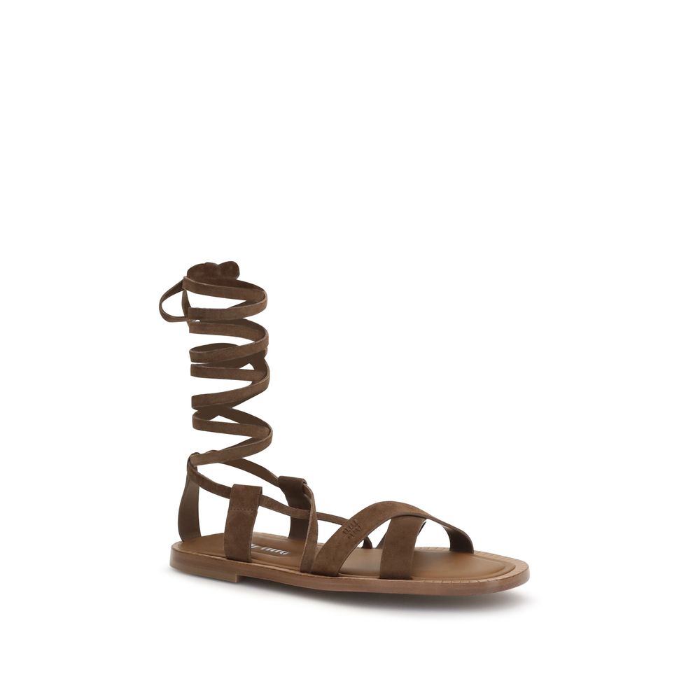Miu Miu Brown Calf Leather Bos Taurus Strap-On Sandals Miu Miu