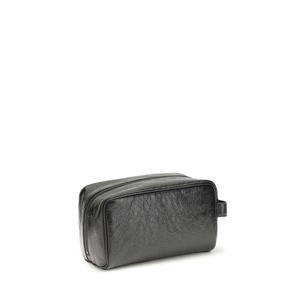 Black Balenciaga lambskin Ovis Aries accessory with sleek design, featuring textured leather and subtle branding details.