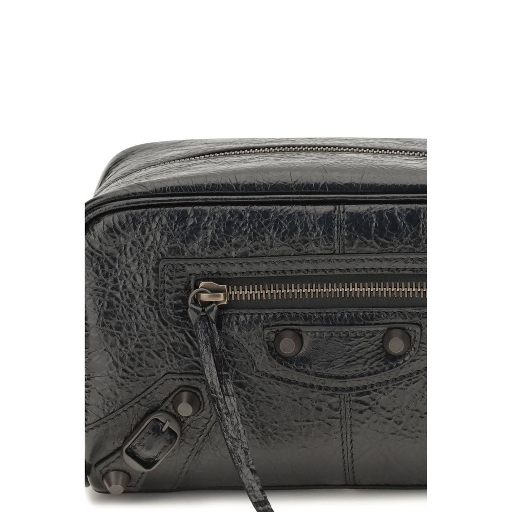 Black Balenciaga lamb leather Ovis Aries accessory with silver hardware, featuring sleek design and high-quality craftsmanship.